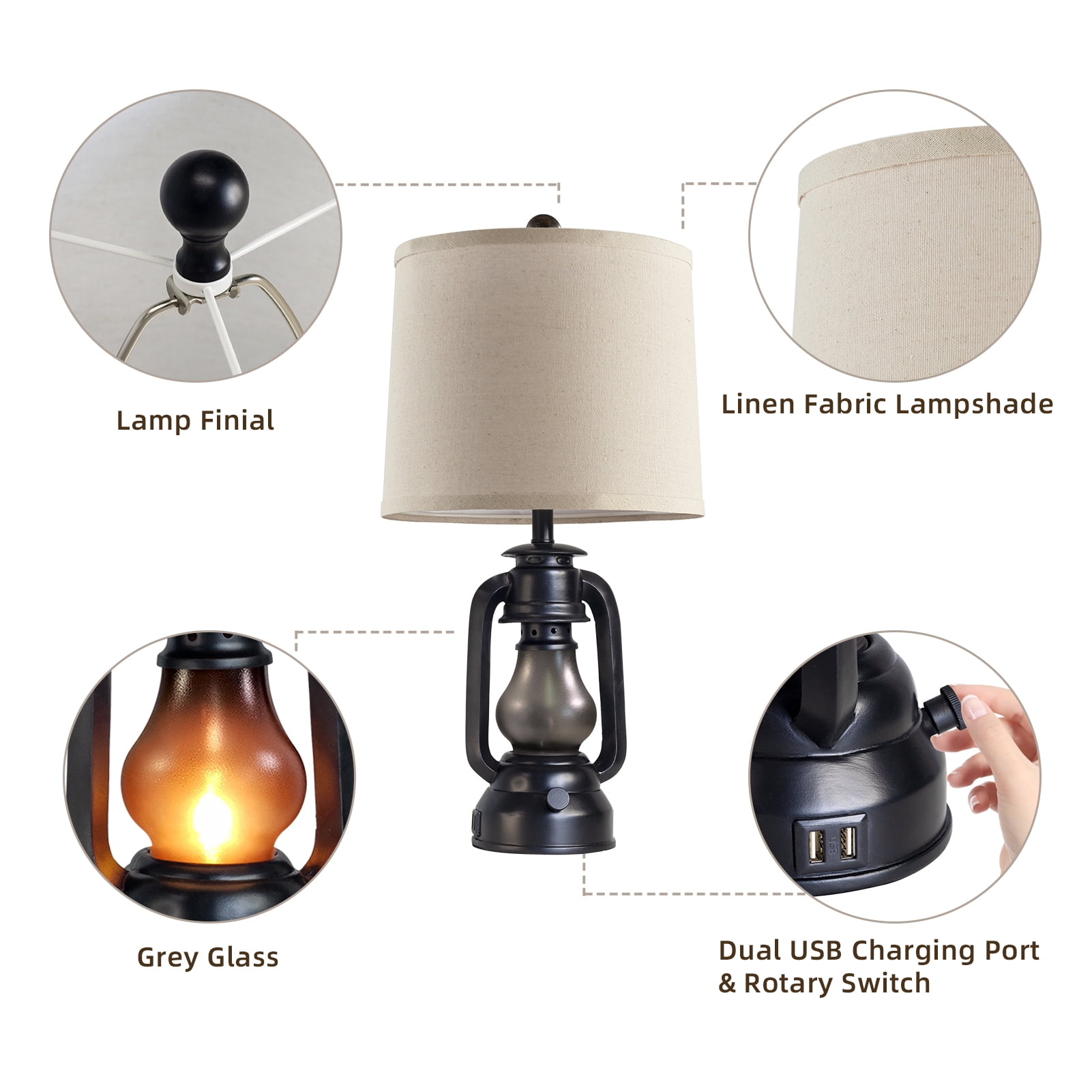 JUJUYUYOP 22" Farmhouse Lantern Table Lamp Set of Two with Dual USB Charging Ports, Suitable for Living Room or Bedroom, Includes 4 Bulbs