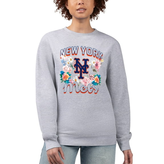 Women's G-III 4Her by Carl Banks Heather Gray New York Mets Flowers Graphic Pullover Sweatshirt