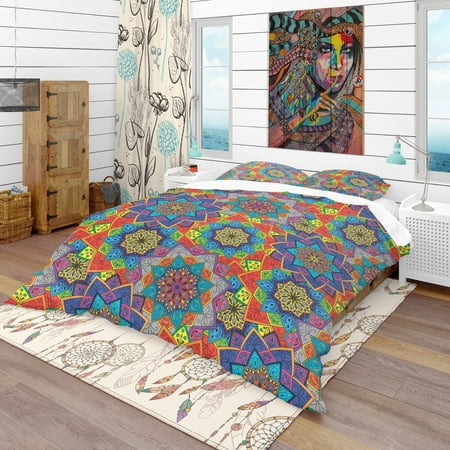 Champagne Colored Bedding DESIGN ART Designart 'Colored Indian Ornament' Bohemian & Eclectic Bedding Set - Duvet Cover & Shams ()