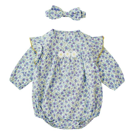 

GWAABD Girls Toddler Clothes Blue Cotton Toddler Kids Baby Girls Long Ruffled Sleeve Flower Floral Romper Bodysuit with Headbands Outfit Set Clothes 2PCS 6M