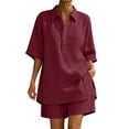 thumbnail image 2 of Cagogo Women Plus Size 2 Piece Shorts Set Casual Summer Cruise Outfits Loose Collared Short Sleeve Shirt Comfy Pants Matching Lounge Tracksuits Travel Airport Outfit Clothes, Wine XL, 2 of 7