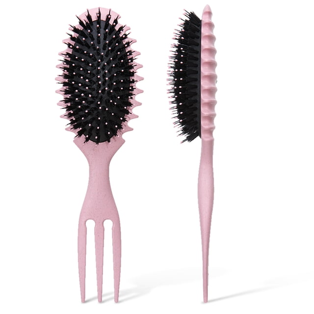 cepillo para definir rizos que tira menos dar forma y peinar el rosa Hugtrwg, peine rizado de mano con mango ergonómico rosa moteado, cabeza oval con almohadilla negra y cerdas de nylon con puntas rosadas; dientes en forma de borde para separar mechones y minimizar la rotura, cola puntiaguda para seccionar, medidas aprox. 242x65x36 mm; cerdas que ayudan a eliminar caspa y polvo, también suele usarse para peinar pelucas o extensiones.