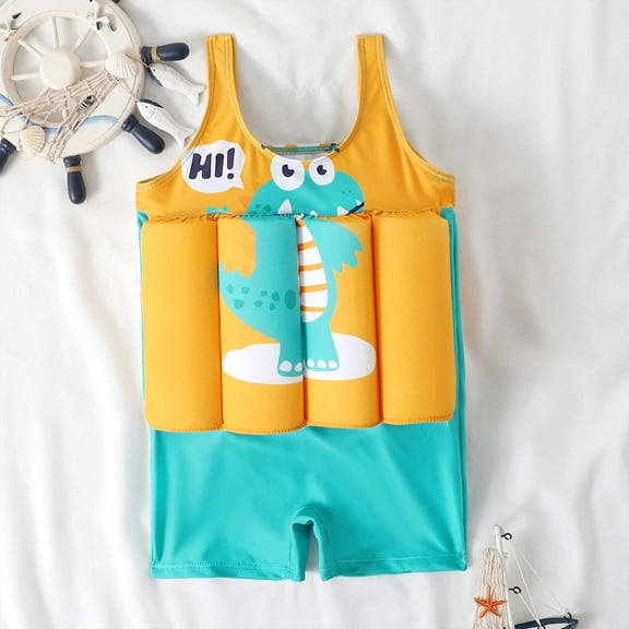 Floatation Swimsuit Buoyancy Float Suit One Piece Floating Swimwear For Boys Sleeveless Cute Print Bathing Suit Yellow 3-4 Years