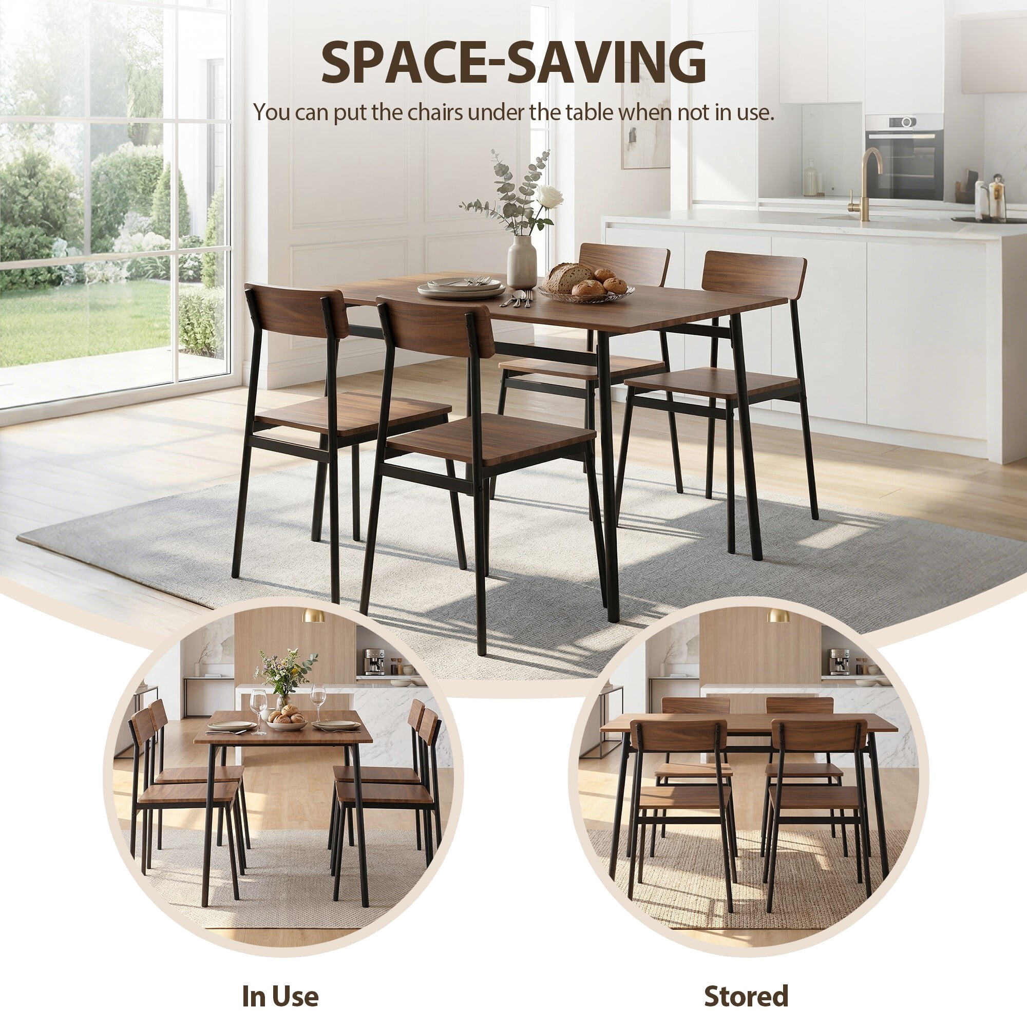 AENKYO 5-Piece Dining Table Set for 4, Walnut Wood Top Kitchen Table with 4 Chairs, Space Saving for Small Spaces