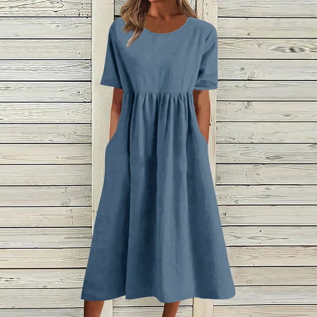 Lindbes 2024 Été Nouveau P-2TG Vintage Coton Lin Robe Femme Décontractée Ample Col Rond Manches Courtes Mode Maxi Robes Vestidos Mujer
