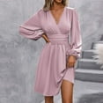 thumbnail image 5 of WTOBBY Women's Fashionable Solid Color V-Neck Long Sleeve Pleated Versatile Dress Lantern Sleeve Detail for Unique Style Flowy Pleats for Movement Wardrobe Essential,Pink S, 5 of 8