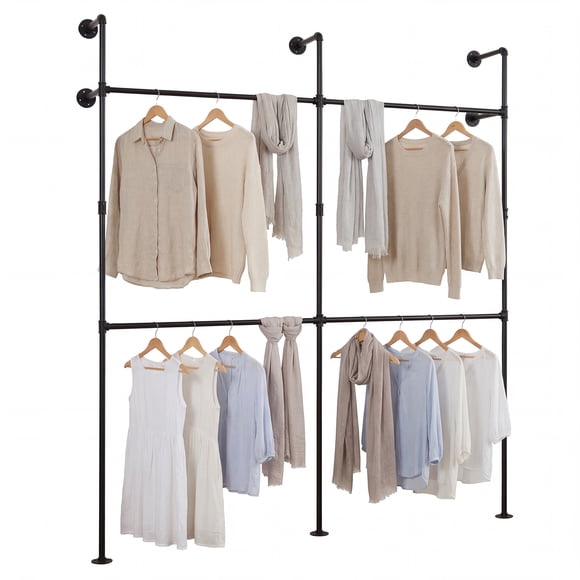 Gymax Industrial Pipe Clothing Rack Wall Mounted Heavy-Duty Metal Garment Organizer