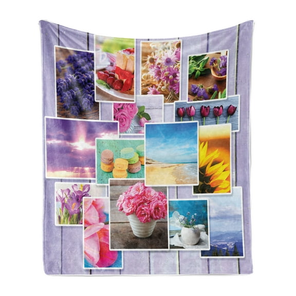 Colorful Soft Flannel Fleece Blanket, Collage of Different Photos on Wooden Background Flowers Macaroons Pastries Beach, Cozy Plush for Indoor and Outdoor Use, 50" x 60", Multicolor, by Ambesonne
