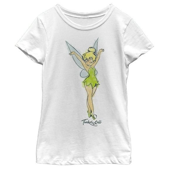 Girl's Peter Pan Tinker Bell Retro Watercolor Portrait Graphic Tee White Large