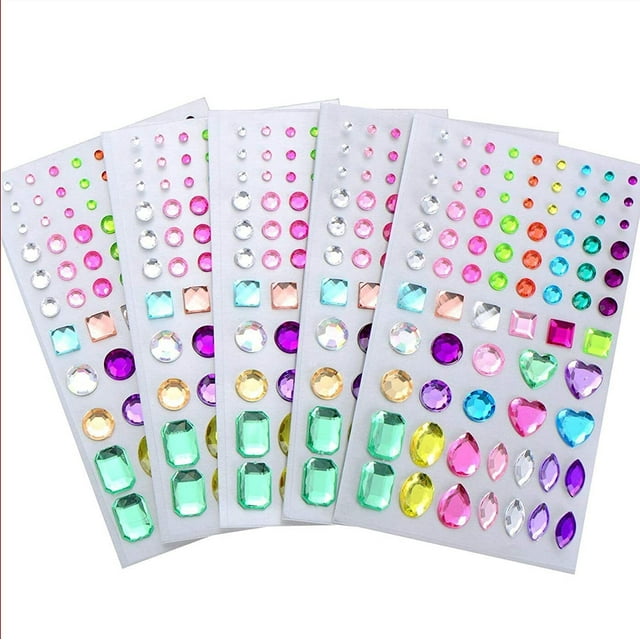 Pegatinas de diamantes de imitación, pegatinas de gemas de cristal, 5 hojas de lámina acrílica autoadhesiva en varios tamaños y formas para decoración artesanal de bricolaje ER