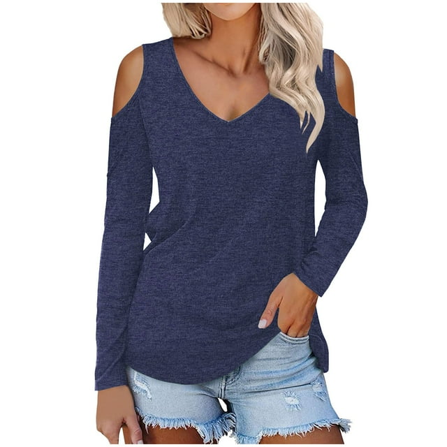 Yuyuzo Women Long Sleeve Tops Cold Shoulder V Neck Shirts Solid Color Loose Basic Tees Top
