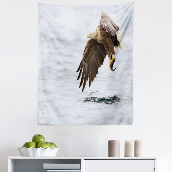 Eagle Tapestry, Bird with Feathers on Head and Tail Catching a Fish Hunting Animal Food Chain, Fabric Wall Hanging Decor for Bedroom Living Room Dorm, 5 Sizes, Pearl Brown Yellow, by Ambesonne