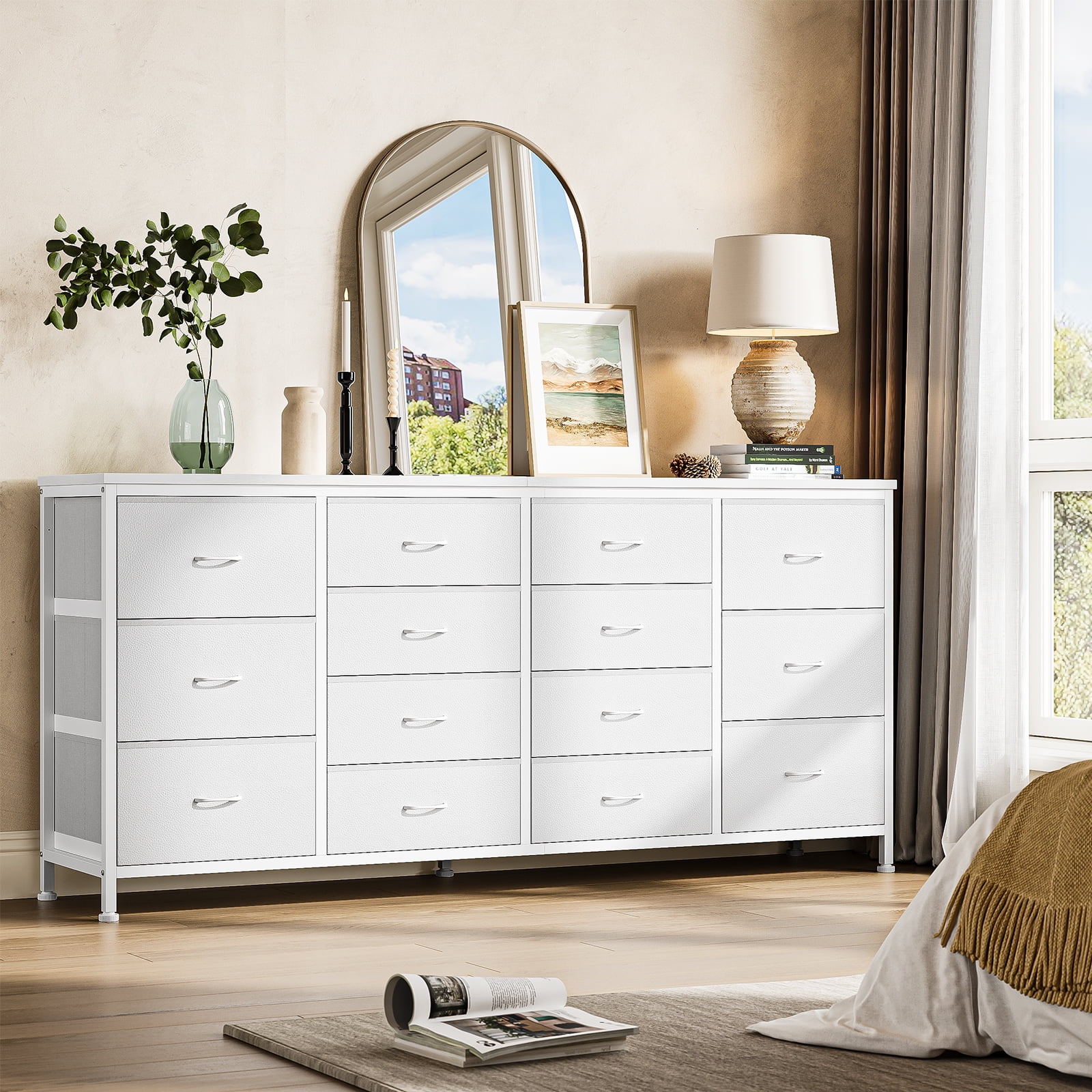 PIONEERWORKS 14-Drawer Dresser TV Stand, 63" Wide Fabric Storage Cabinet with Power Outlets for Bedroom, Entertainment Center for 65-75 Inch TVs, White