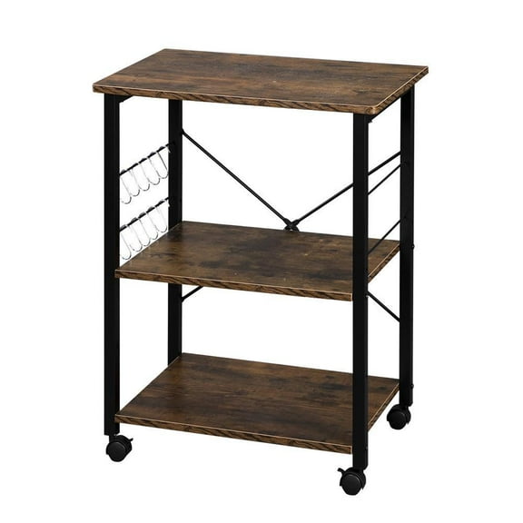 EasingRoom 3-Shelf Multifunction Kitchen Serving Cart Baker's Rack Microwave Oven Stand Kitchen Utility Storage Shelf Rack with 10 Hooks for Living Room, Home, Office, Vintage/Black