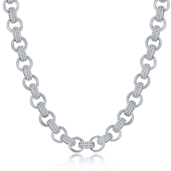 Beaux Bijoux Rolo Chain Alternating Polished and Micro-Pave Set Simulated Diamond CZ 16 2” Statement Necklace Sterling Silver Jewelry for Women or Teens