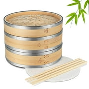 Bamboo Steamer Basket Set (10 inch) with Stainless Steel Banding 50x Steamer Liners and 2 Pairs of Chopsticks, Chinese Steamer for Cooking Food