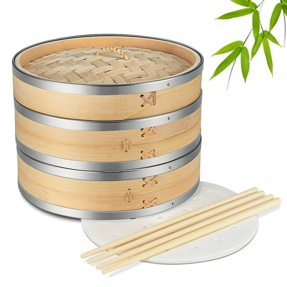 Bamboo Steamer Basket Set (10 inch) with Stainless Steel Banding 50x Steamer Liners and 2 Pairs of Chopsticks, Chinese Steamer for Cooking Food