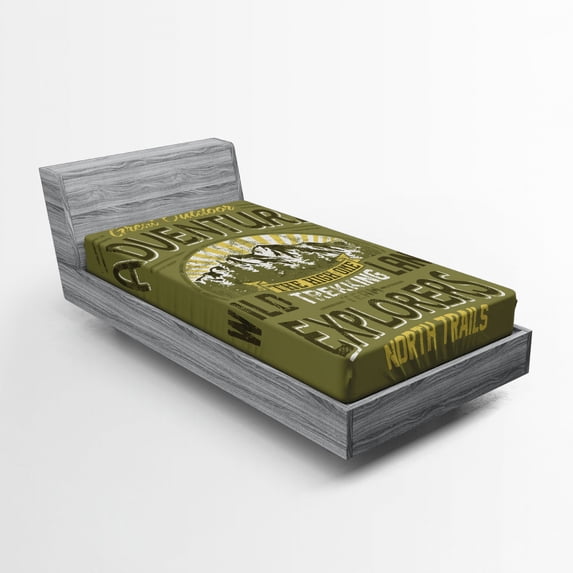 Vintage Fitted Sheet, Outdoor Adventure a Poster About Climbing Vintage Pattern Print, Soft Decorative Fabric Bedding, Twin Size, Olive Green and Yellow, by Ambesonne