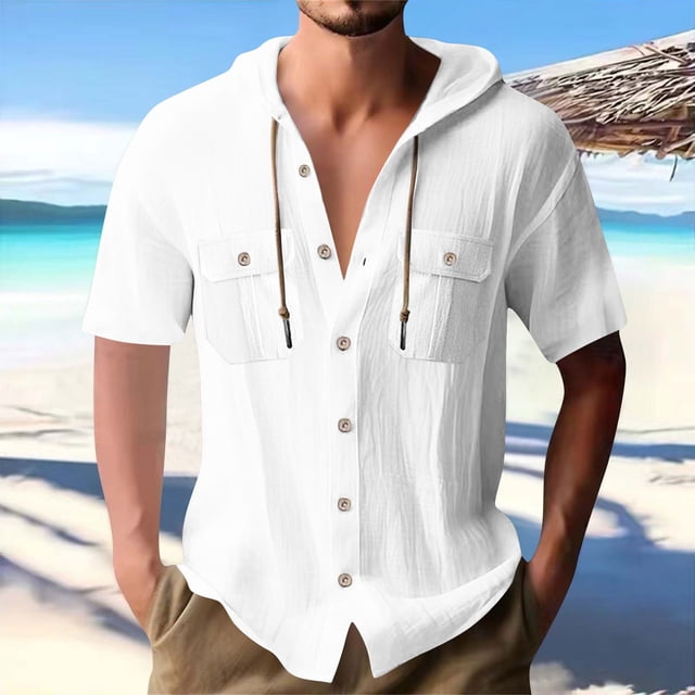 pstuiky camisetas de manga corta para hombre, Blusa informal de manga corta con capucha, botones y bolsillo con cordón de color sólido para hombre. camisas casuales para hombre s