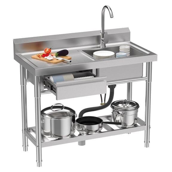 39-Inch Stainless Steel Sink with Drawer, Bottom Shelf, Free Standing Utility Sink with Cold Hot Water Faucet Hose, Single Bowl Sink for Indoor, Outdoor, Kitchen, Laundry Room