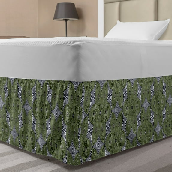 Tribal Bed Skirt, Essential Stripped Floral Pattern Contemporary Art, Elastic Bedskirt Dust Ruffle Wrap Around for Bedding Decor, 4 Sizes, Grey Olive Green, by Ambesonne