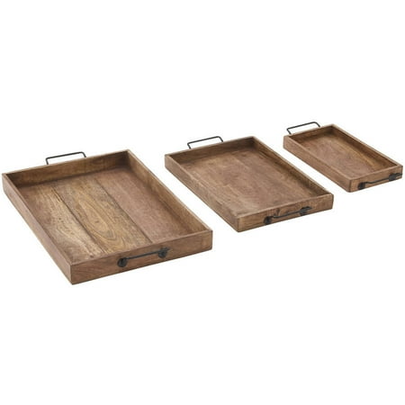 Set of 3 Farmhouse Slat Style Mango Wood and Iron Trays Brown - Olivia &#38; May: Ottoman, Basket Design, 24-Inch