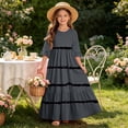 thumbnail image 7 of Girls Summer Maxi Dress Kids Striped Short Sleeve T-Shirt Dress for School Casual Dress with Pockets Dark Gray 11-12 Years, 7 of 7