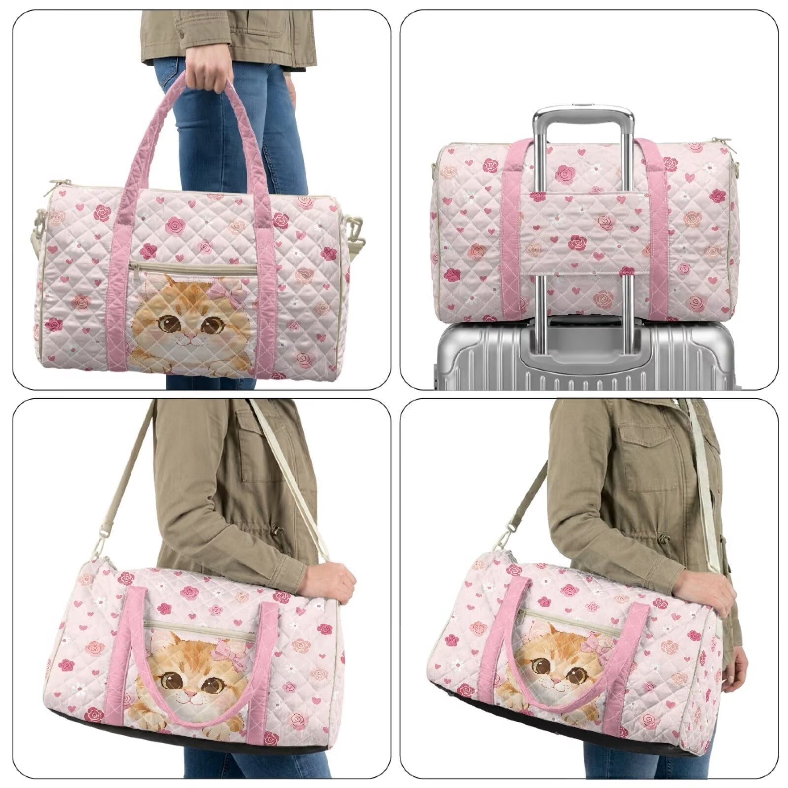 Garronmavis Cute Pink Cat Print Large Quilted Duffle Bag for Women, Weekender Travel Overnight Carry On Gym Dance Bag with Zipper Pockets for Travel, Work