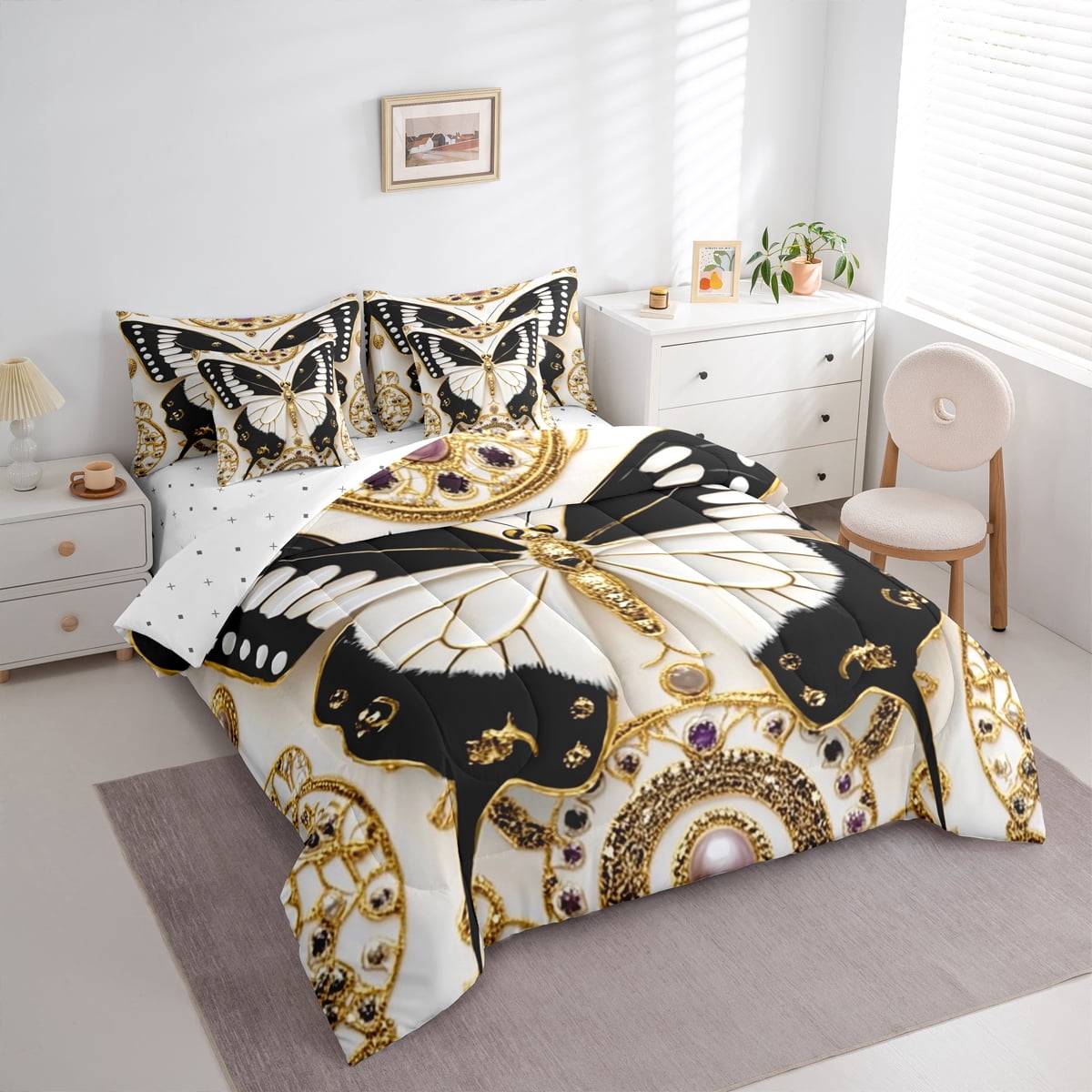 Homewish Black White Butterfly Girl 7-Piece Bedding Comforter Set,Exotic Style King Bedding Sets,Dreamy Princess Ultra Soft Bed Sheets,Luxury Bedroom Decor,Reversible