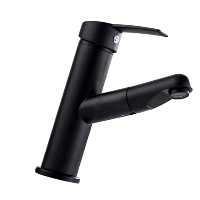 Brass Bathroom Sink Pull Out Sprayer Hot Cold Basin Mixer Single Black Round