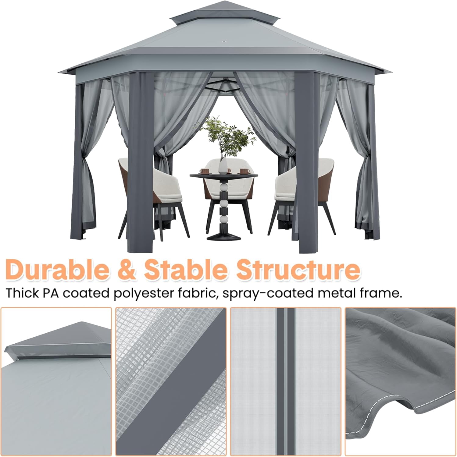 Pop Up Gazebos 13x13ft, Hexagonal Outdoor Canopy Shelter, Instant Patio Gazebo Tent with Mesh Netting and Strong Steel Frame for Patio Backyard Garden Wedding Party