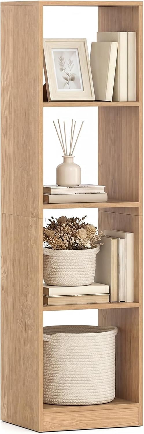 56" Tall 4 Cube Bookcase, Natural Freestanding 15" Wide 5-Tier Narrow Open Display Bookshelf w/ 4 Anti-Tipping Kits, Wooden Cube Storage Organizer for Small Place, Living Room, Bedroom
