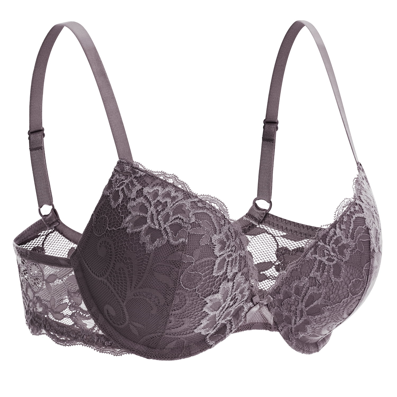 Deyllo Women's Lace Push Up Padded Plunge Add Cups Underwire Lift Up Bra, Purple 32DDD