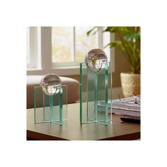 Decorative Glass Sculpture Sphere for Home Decor - Contemporary Ornaments for Shelf, Coffee Table, and Office Decor Accent - Versatile Decorative Objects for Living Room Decor - Set of 2, 12", Clear
