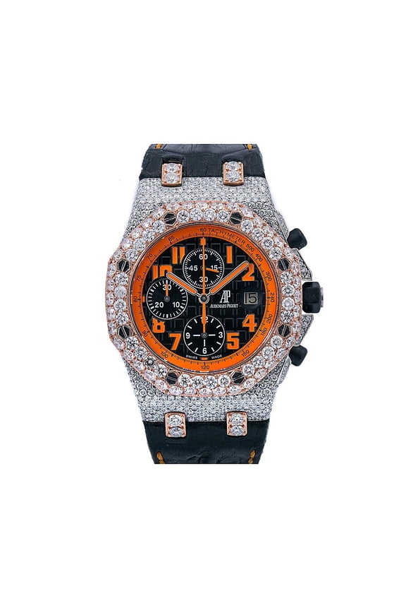 Pre-Owned Audemars Piguet Royal Oak Offshore Chronograph 42MM 26170ST Black Arabic Dial Diamond Paved Bezel Black Alligator Leather Strap