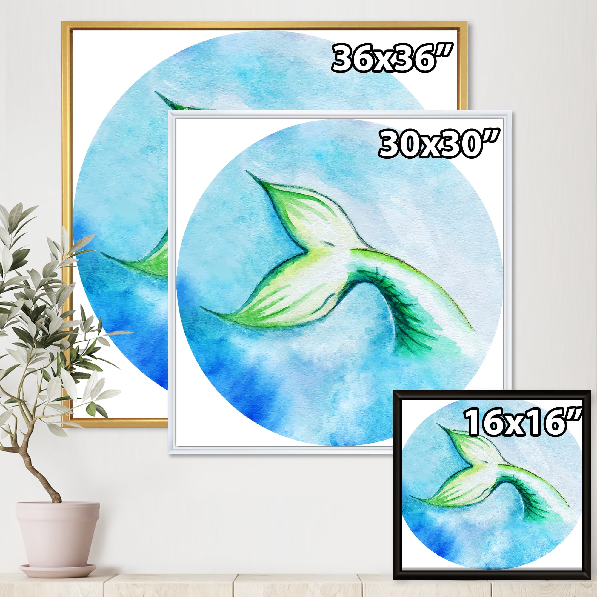 Designart 'Mermaid Green Fish Tail' Nautical & Coastal Framed Canvas Wall Art Print