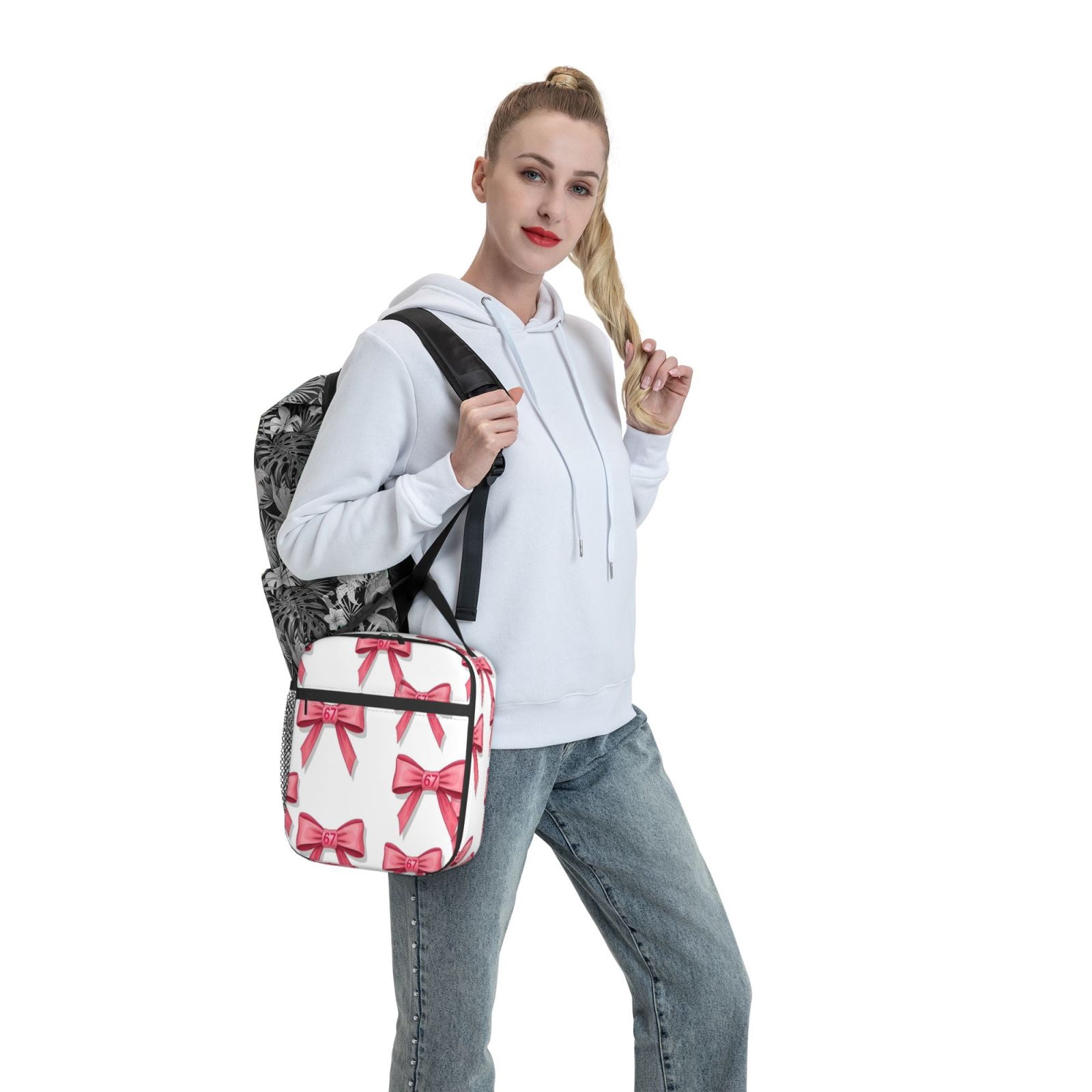 Lunch Bag For Women Men Insulated Portable Lunch Box Bento Box Office Picnic Travel Cooler Bag Pink Ribbon Pattern 67 (3)