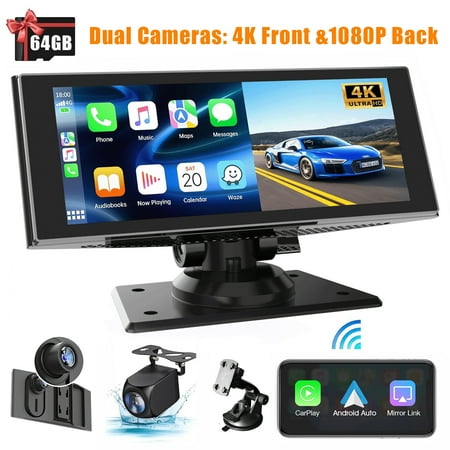 MHCABSR 7” Touchscreen Wireless Apple Carplay/Android Auto Screen with 4K Dash Cam & 1080p Backup Camera