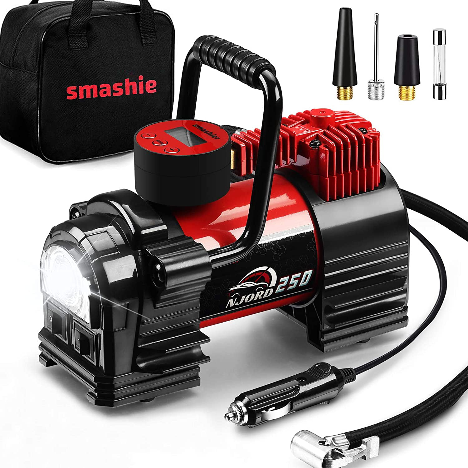 12V DC Heavy Duty Mini Digital Pump for Car/Motorcycle/Bike Smashier Portable Tire Inflator Air Compressor 12FT Extended Cord Upgraded Quick Connector,Fast Inflation 