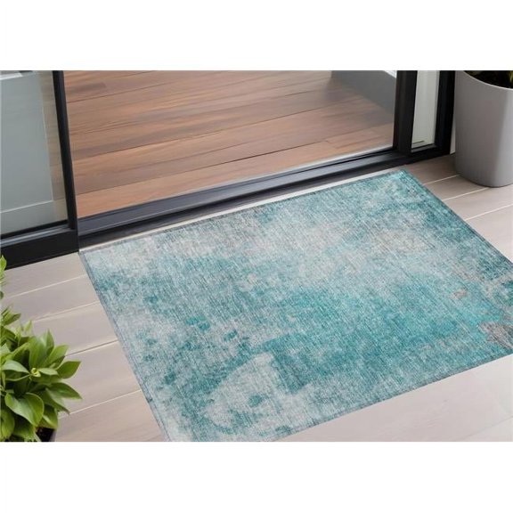 HomeRoots 563313 2 x 3 ft. Teal Abstract Washable Non Skid Indoor Outdoor Rectangle Machine Woven Area Rug