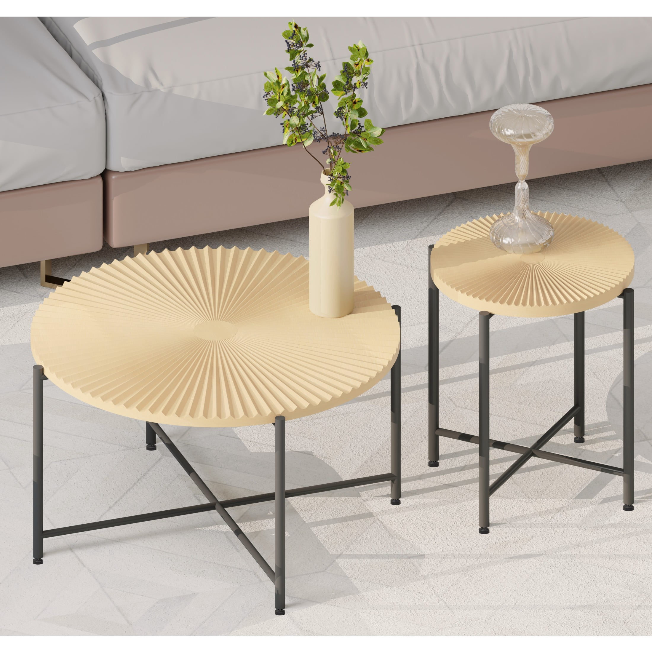 GDF Studio 2-Piece Rustic Coffee and End Table Set, Radial Pattern Tabletops, Black Metal Legs, Natural Oak