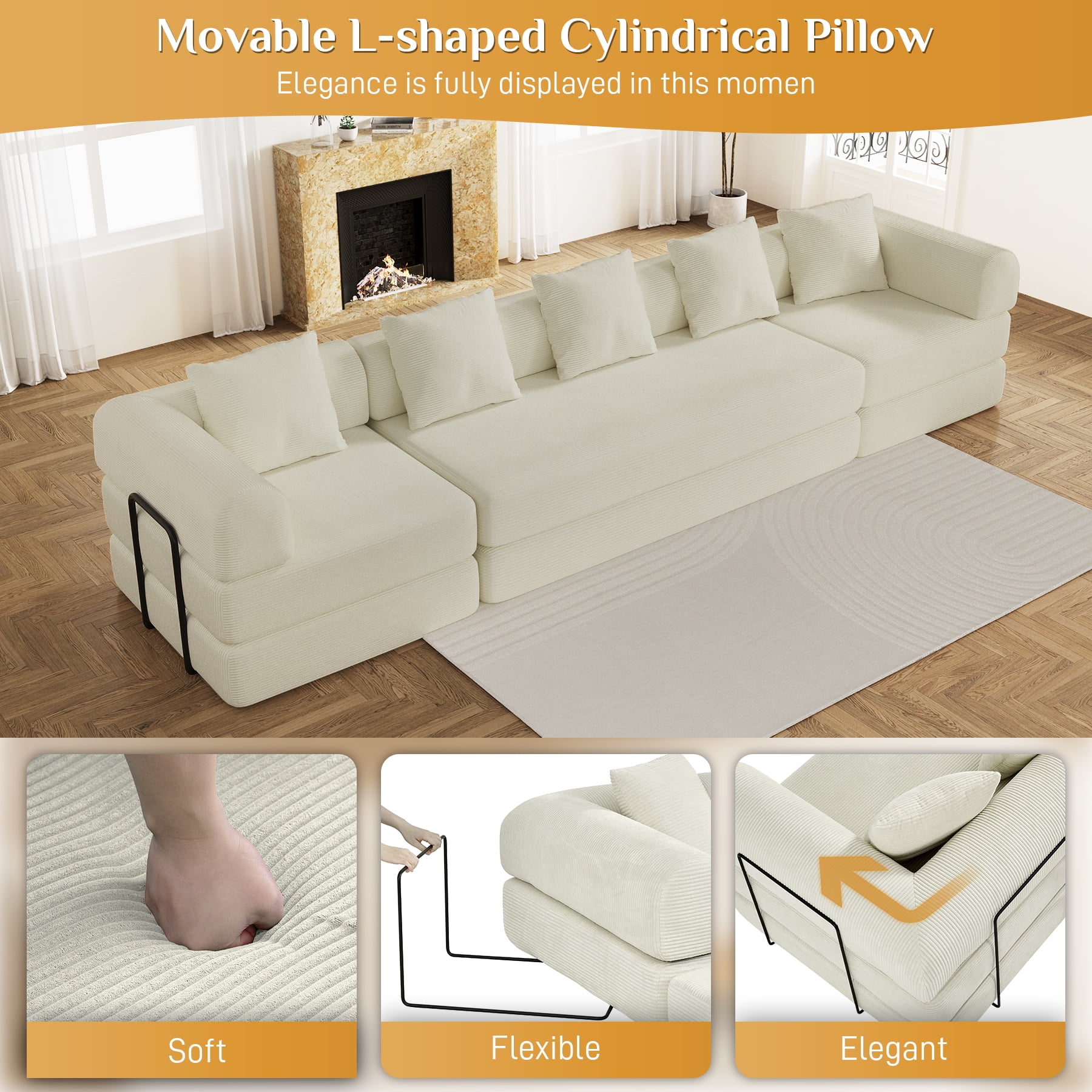 157" Convertible Sleeper Sofa Bed,Corduroy Futon Sofa Couch with High-Density Foam,Deep Seat Sofa for Living Room, Bedroom,Beige