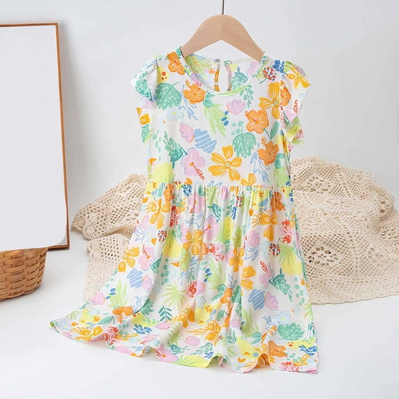 DAETIROS Girls Dresses,Cotton Cute Round Neck Floral Sleeveless Casual Girls Summer Dress Yellow Size 8 T