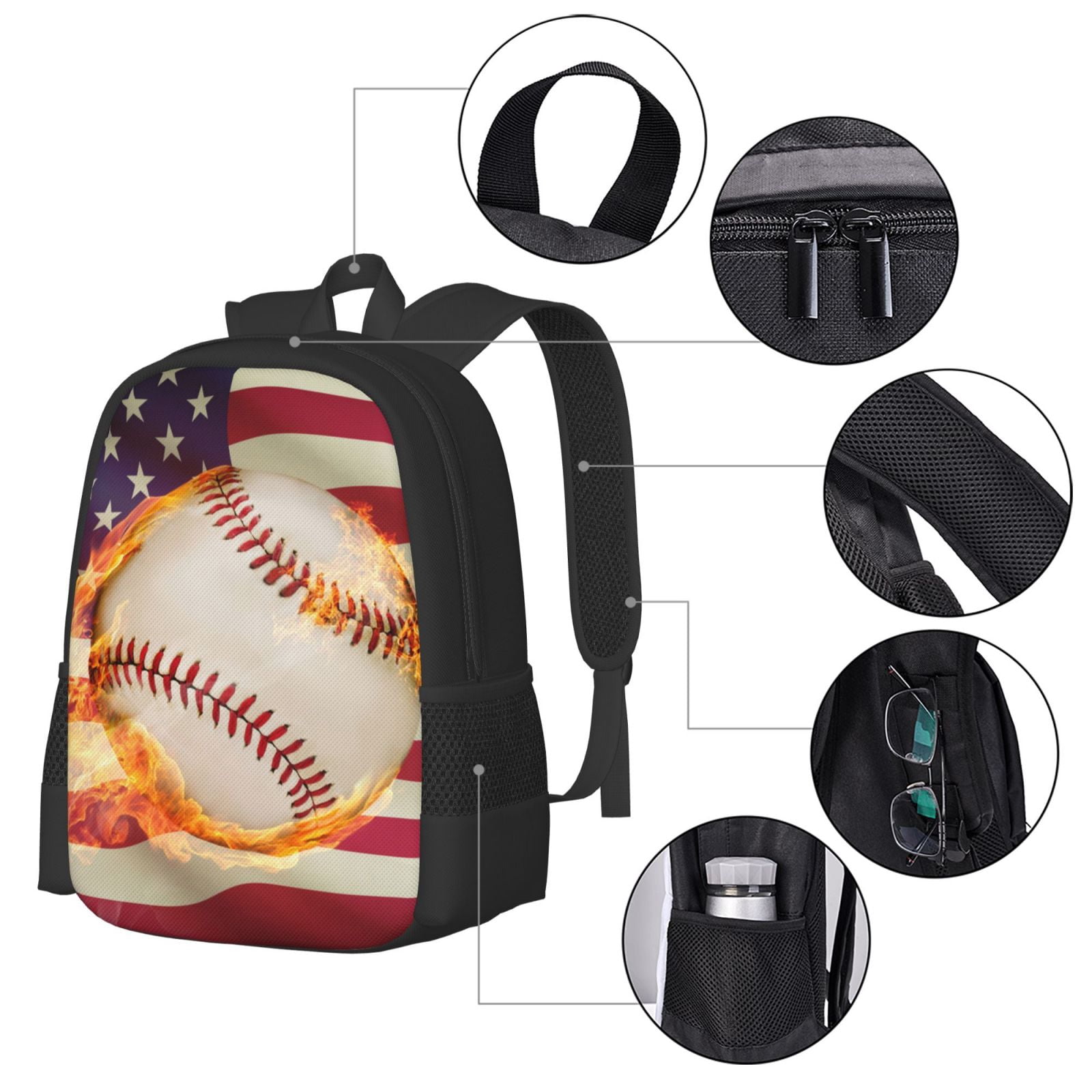 Ratiio Baseball Ball With Flag Backpack for Men and Women - Durable 600D Oxford Cloth -Large Capacity, Water-Resistant School, Travel, and Hiking Bag