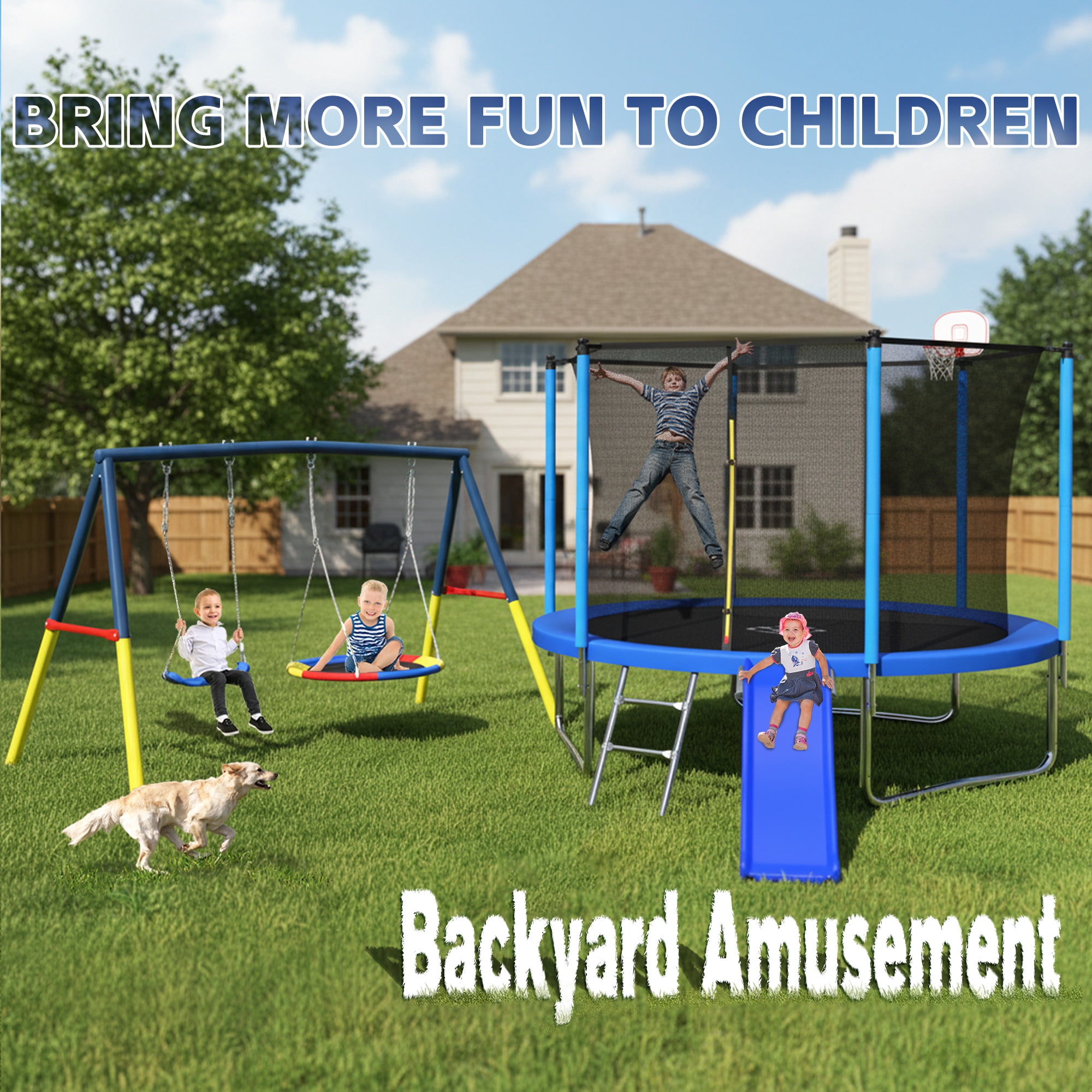 Mersco 10FT Heavy Duty Trampoline with Enclosure Net , Slide , Swing Set Outdoor Big Trampoline for Backyard,Kids Trampoline with Basketball Hoop,Birthday and Holiday Gifts for Kids,Blue