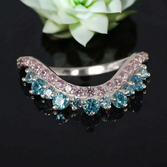 Aquamarine Proposal Band Ponk Sapphire Half Eternity Wedding Jewelry March Birthstone Engagement Ring Christmas Gift For Her