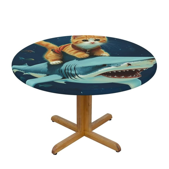 Cat riding shark Round Fitted Tablecloths Table Covers Wipeable Waterproof Elastic for Kitchen Dinning Parties Wedding Picnic Small Fits 40-44 Inch Table Size