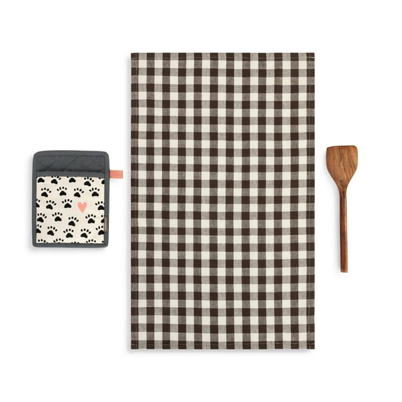 Demdaco Pawprint Black Cotton Wood Hot Pad Dish Towel Spatula 3 Piece Set