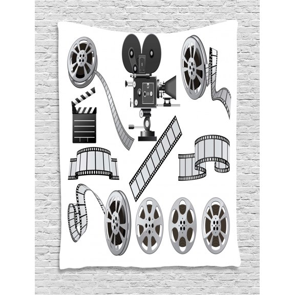 Movie Theater Tapestry, Movie Industry Themed Greyscale Illustration of Projector Film Slate and Reel, Wall Hanging for Bedroom Living Room Dorm Decor, 40W X 60L Inches, Grey Black, by Ambesonne
