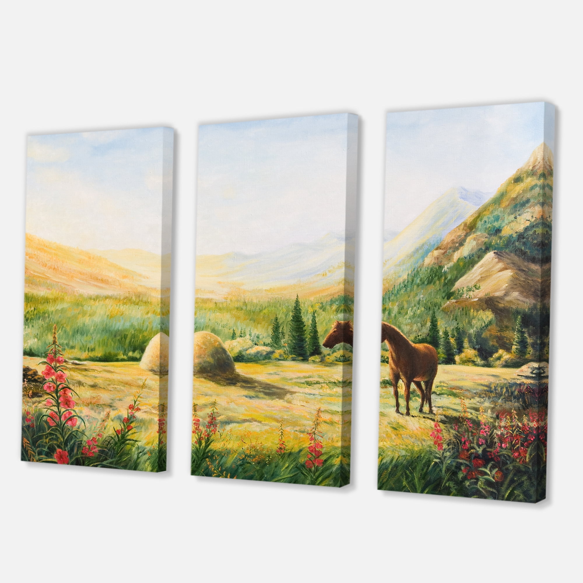 Sunrise In The Mountains With Horse 28 in x 36 in Painting Canvas Art Print, by Designart